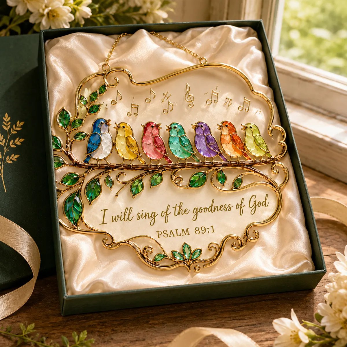 🔥Last Day 57% OFF - 🎵 Psalm 89:1 Songbird Window Suncatcher | Stained-Glass Style Faith Decor with Colorful Birds & Scripture 🕊️✨