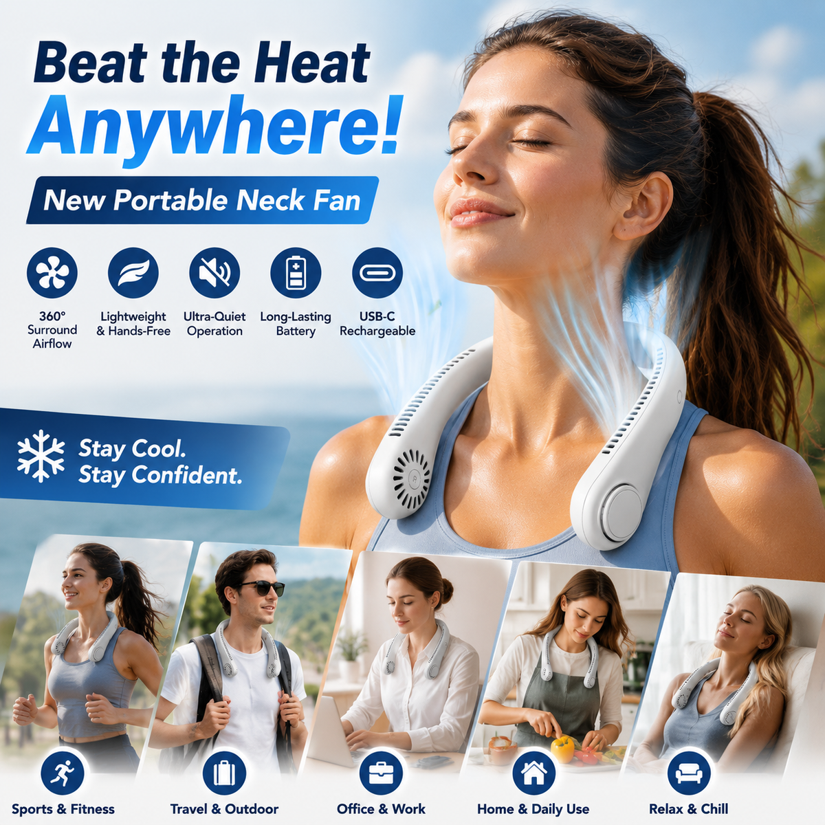 ⚡ 49% off today – ❄️ Stay cool anywhere – New portable neck fan | Hands-free • Lightweight • USB rechargeable