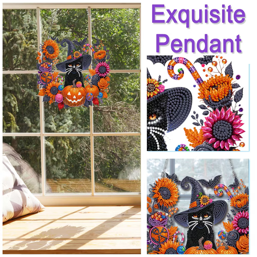 Black Cat Moon Diamond Art Hanging Ornament Kit – Relaxing DIY Halloween Craft 🎃💎