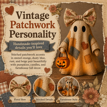 Lighted Vintage Patchwork Ghost – Cozy Glowing Halloween Decor with Pumpkin Lantern