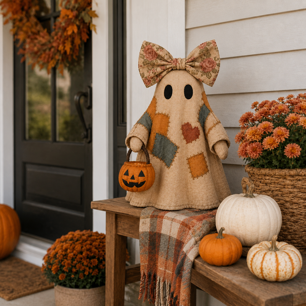 Lighted Vintage Patchwork Ghost – Cozy Glowing Halloween Decor with Pumpkin Lantern