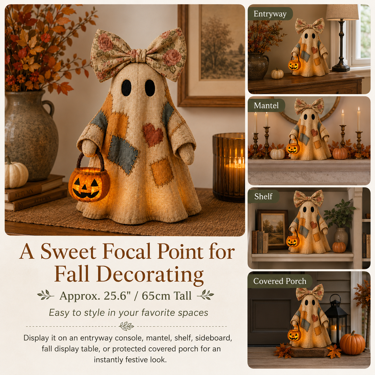 Lighted Vintage Patchwork Ghost – Cozy Glowing Halloween Decor with Pumpkin Lantern