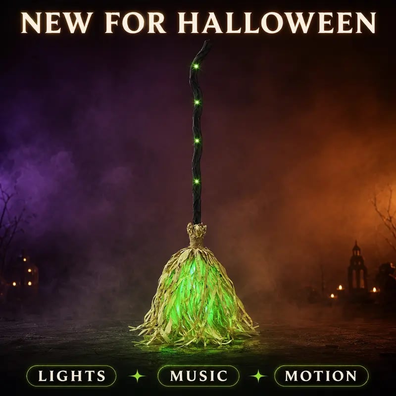 🧹Animated Witch Broom – Spooky Moving Halloween Decor with Sound & Lights! 👻✨