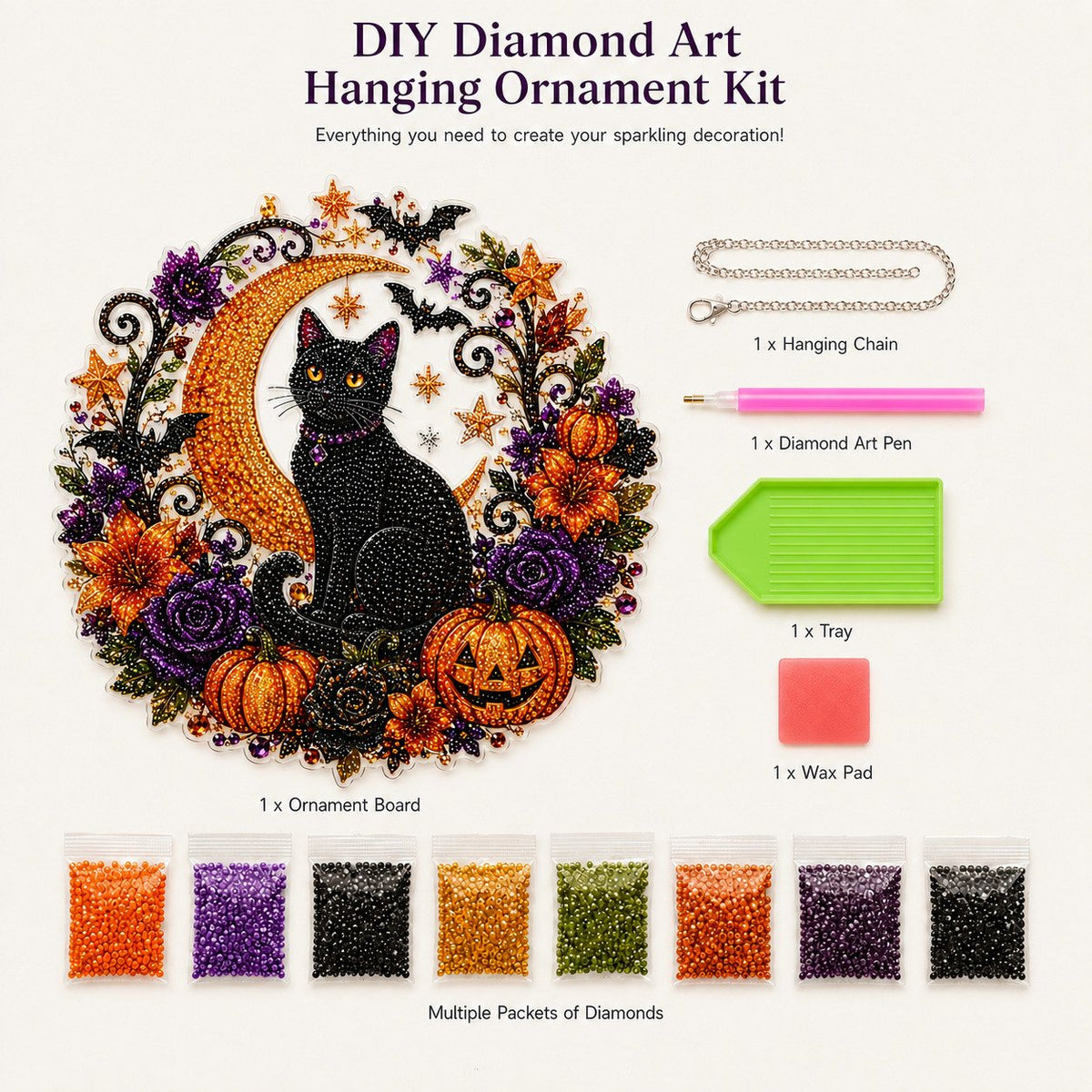 Black Cat Moon Diamond Art Hanging Ornament Kit – Relaxing DIY Halloween Craft 🎃💎