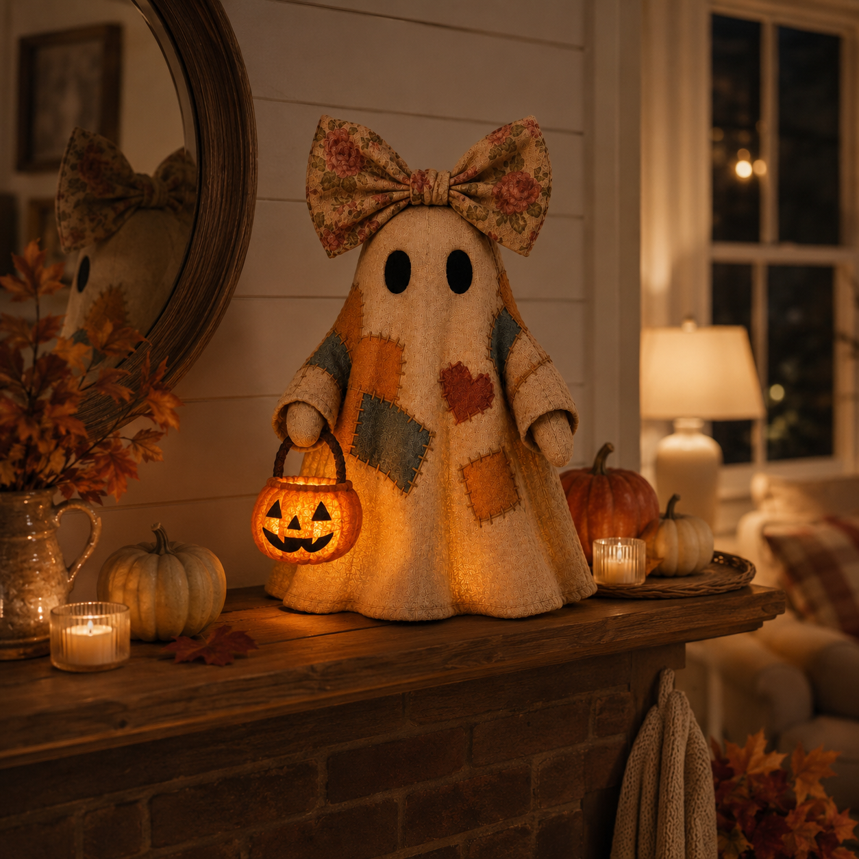 Lighted Vintage Patchwork Ghost – Cozy Glowing Halloween Decor with Pumpkin Lantern