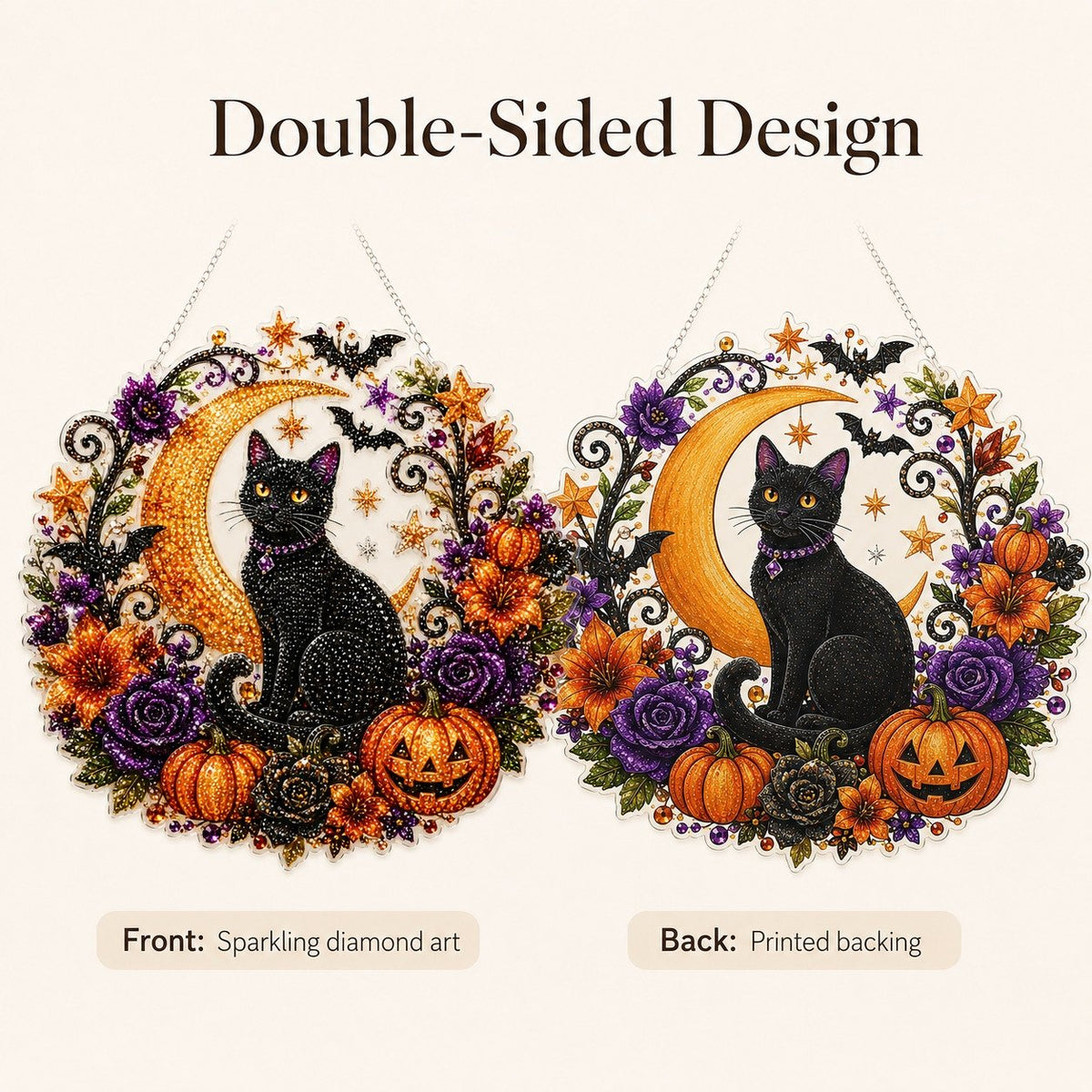 Black Cat Moon Diamond Art Hanging Ornament Kit – Relaxing DIY Halloween Craft 🎃💎