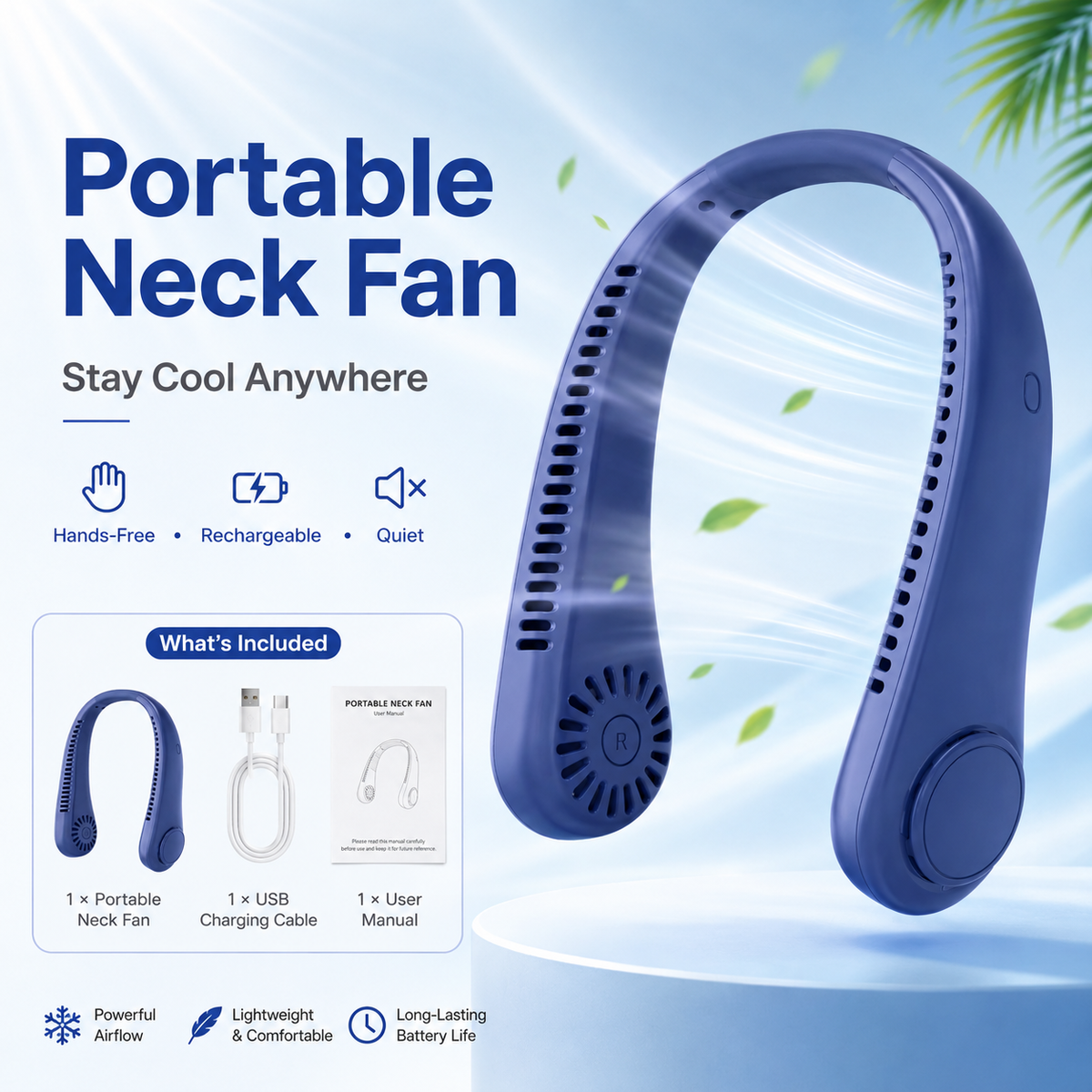 ⚡ 49% off today – ❄️ Stay cool anywhere – New portable neck fan | Hands-free • Lightweight • USB rechargeable