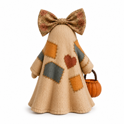 Lighted Vintage Patchwork Ghost – Cozy Glowing Halloween Decor with Pumpkin Lantern