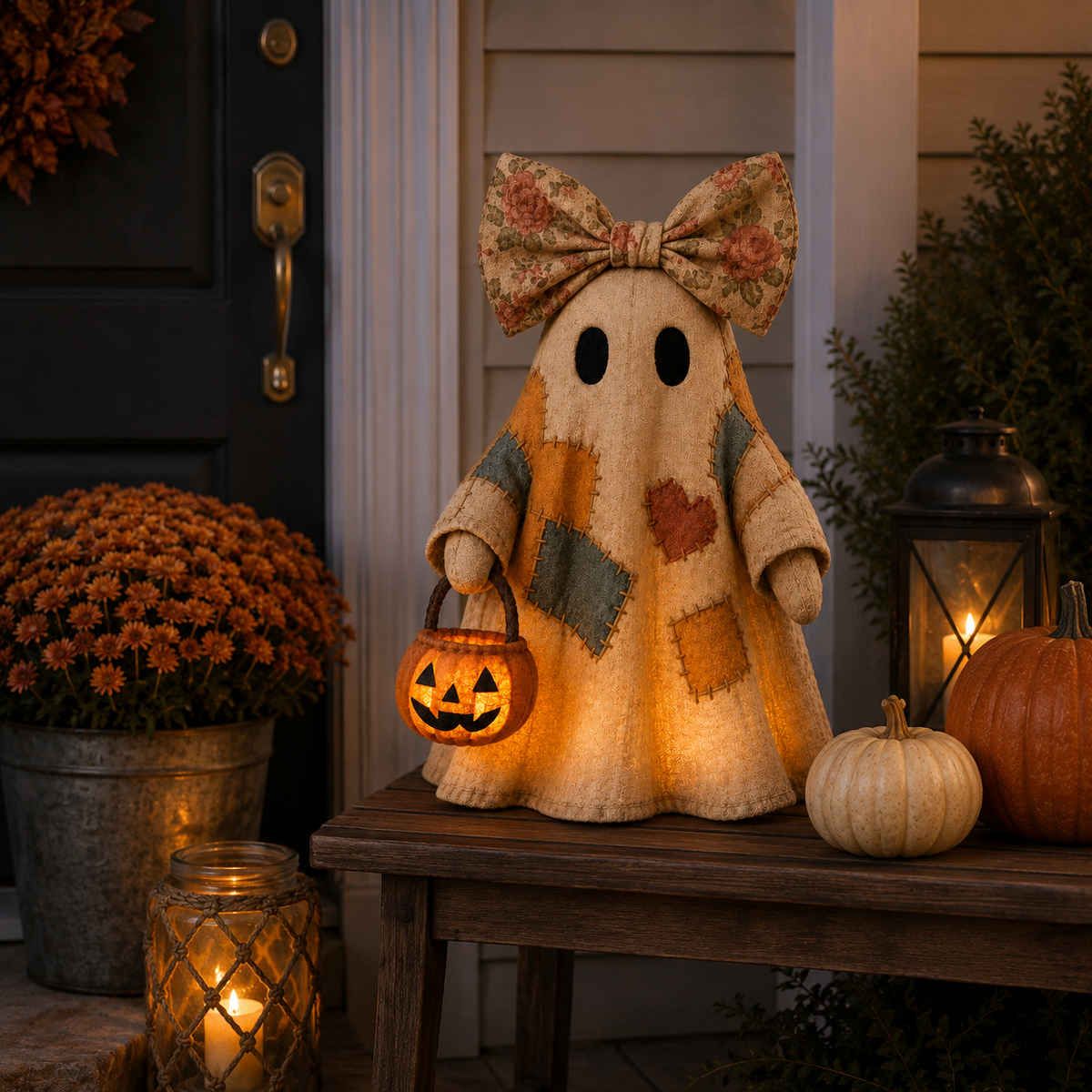 Lighted Vintage Patchwork Ghost – Cozy Glowing Halloween Decor with Pumpkin Lantern
