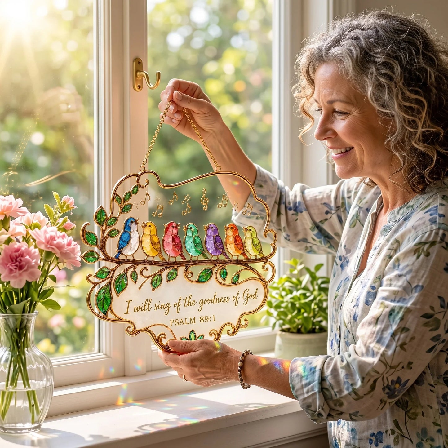 🔥Last Day 57% OFF - 🎵 Psalm 89:1 Songbird Window Suncatcher | Stained-Glass Style Faith Decor with Colorful Birds & Scripture 🕊️✨