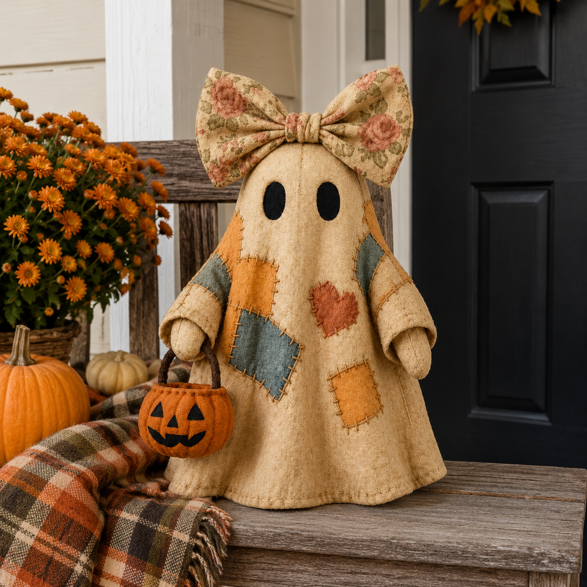 Lighted Vintage Patchwork Ghost – Cozy Glowing Halloween Decor with Pumpkin Lantern