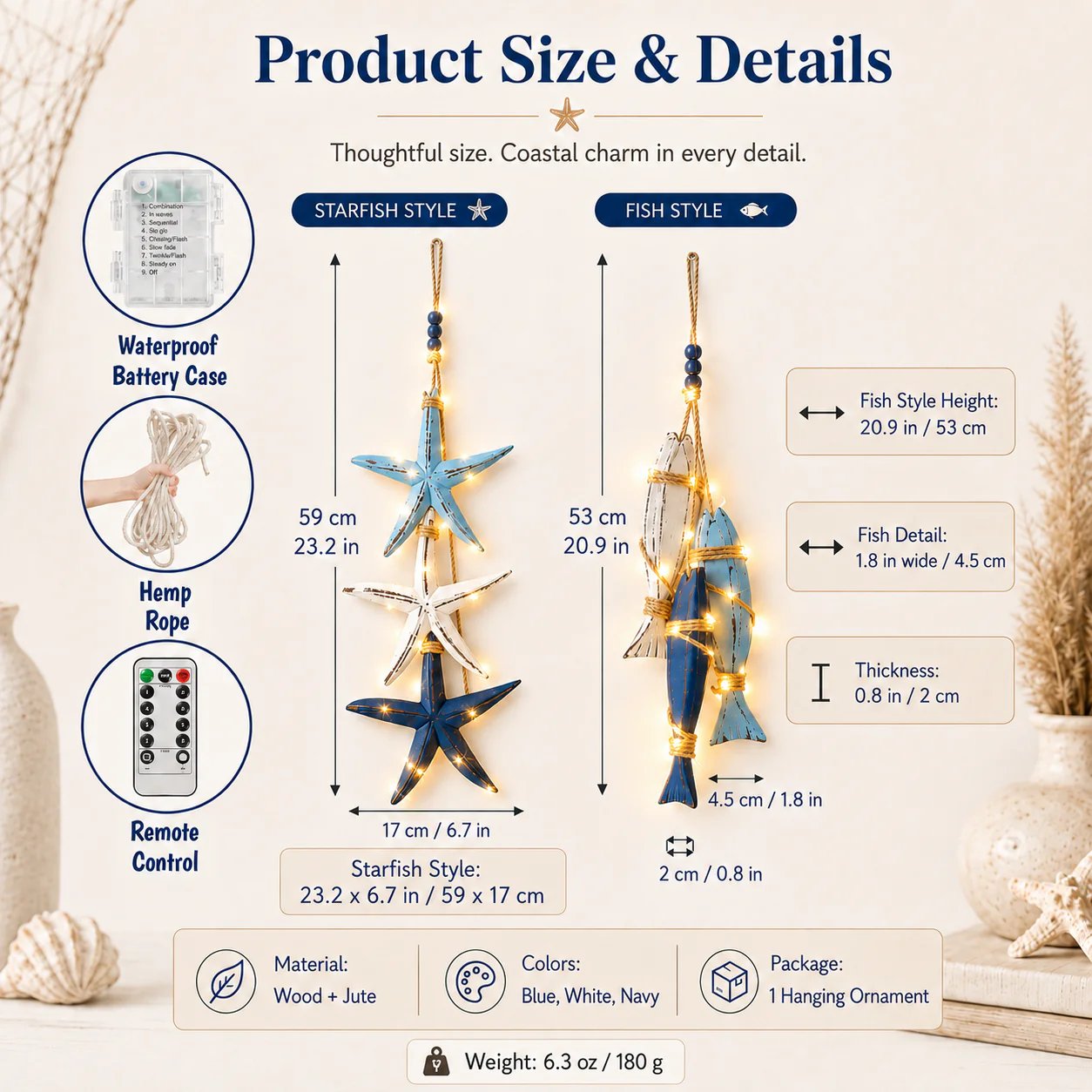 ⭐Up to 50% OFF – 2026 Sale🐟🌊Lighted Coastal Wooden Starfish & Fish Hanging Decor