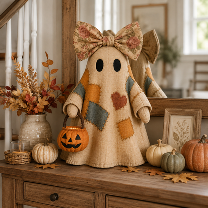 Lighted Vintage Patchwork Ghost – Cozy Glowing Halloween Decor with Pumpkin Lantern