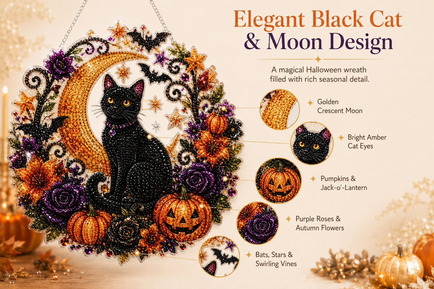 Black Cat Moon Diamond Art Hanging Ornament Kit – Relaxing DIY Halloween Craft 🎃💎