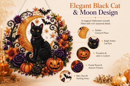 Black Cat Moon Diamond Art Hanging Ornament Kit – Relaxing DIY Halloween Craft 🎃💎