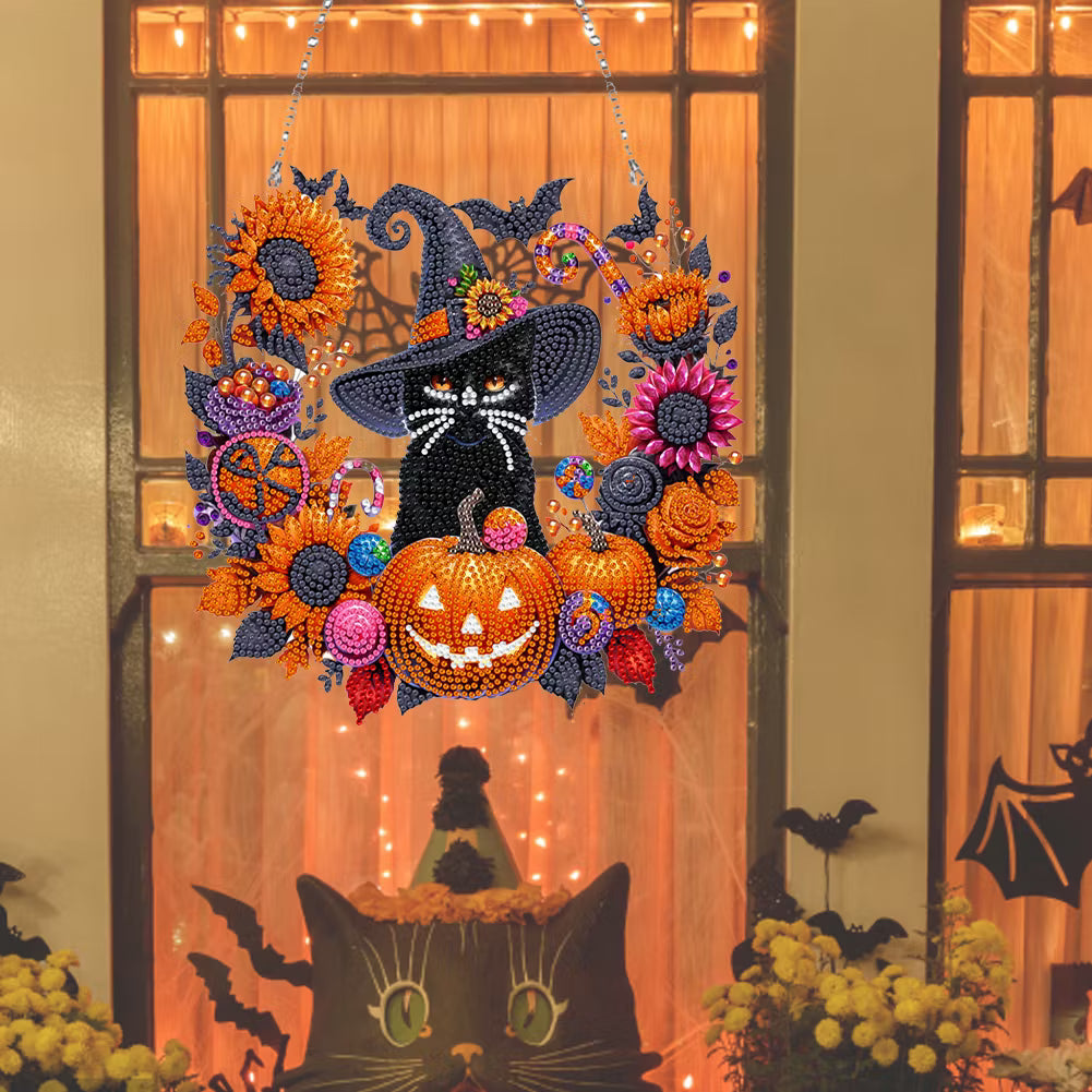 Black Cat Moon Diamond Art Hanging Ornament Kit – Relaxing DIY Halloween Craft 🎃💎