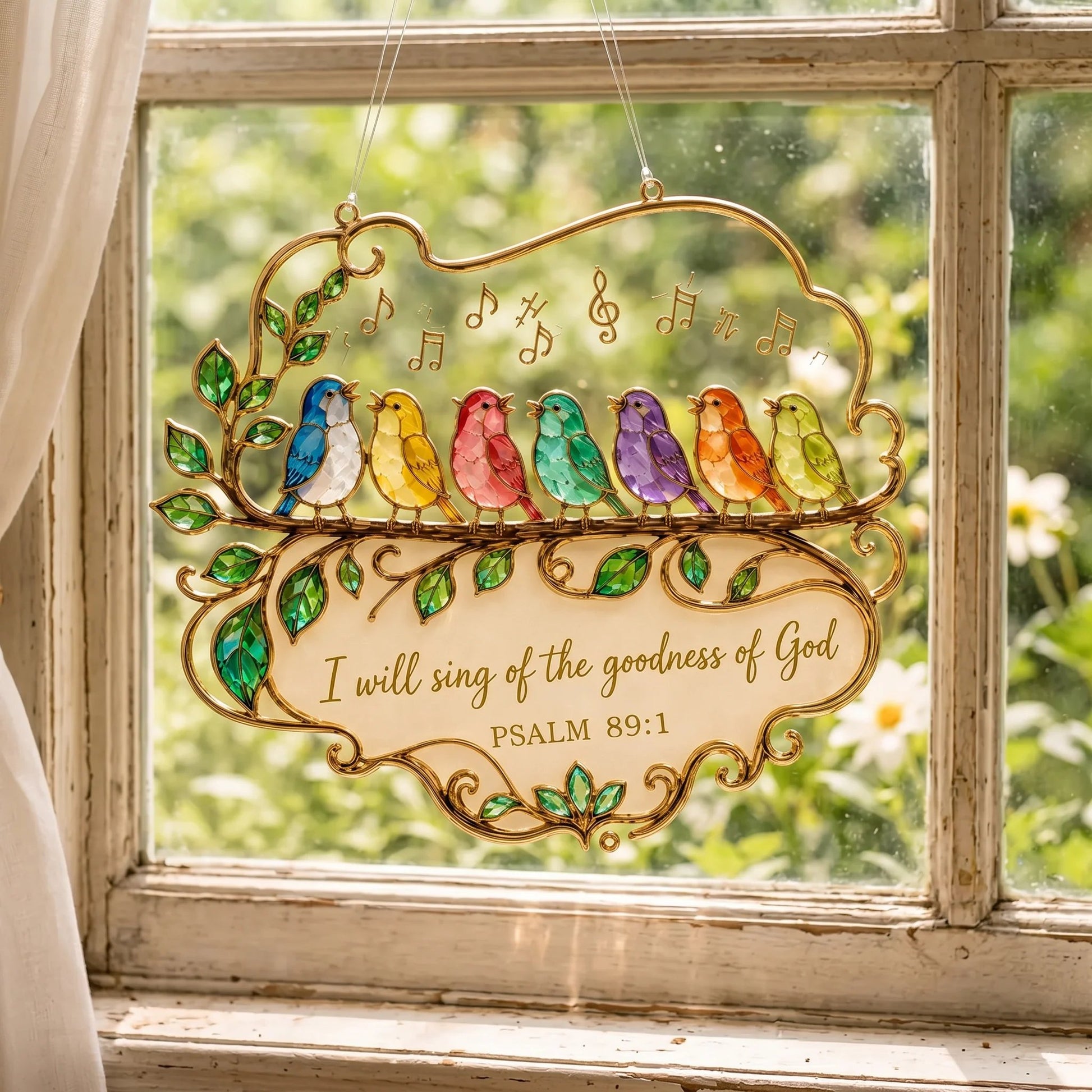 🔥Last Day 57% OFF - 🎵 Psalm 89:1 Songbird Window Suncatcher | Stained-Glass Style Faith Decor with Colorful Birds & Scripture 🕊️✨
