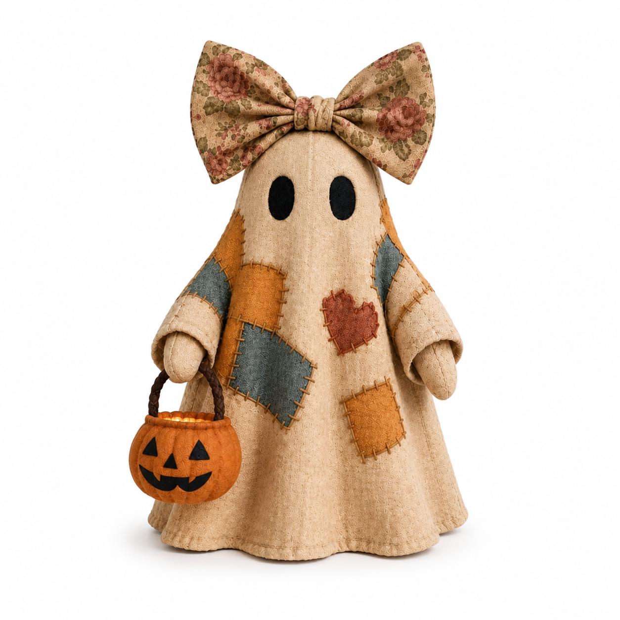 Lighted Vintage Patchwork Ghost – Cozy Glowing Halloween Decor with Pumpkin Lantern