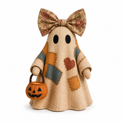 Lighted Vintage Patchwork Ghost – Cozy Glowing Halloween Decor with Pumpkin Lantern