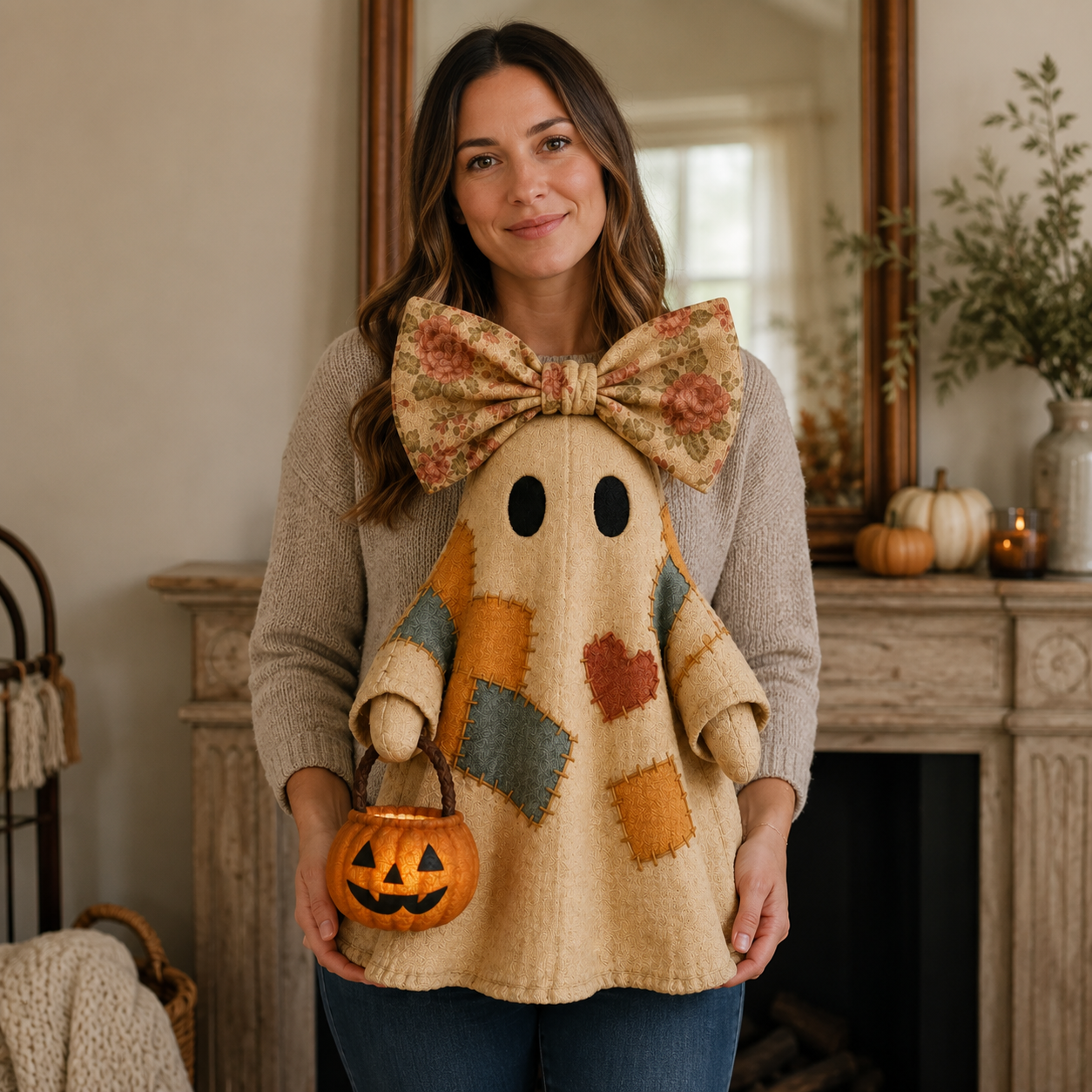 Lighted Vintage Patchwork Ghost – Cozy Glowing Halloween Decor with Pumpkin Lantern