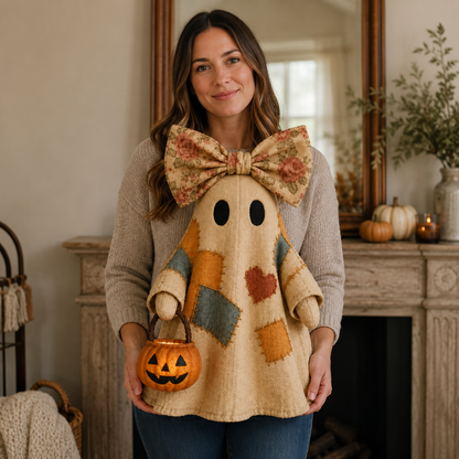 Lighted Vintage Patchwork Ghost – Cozy Glowing Halloween Decor with Pumpkin Lantern