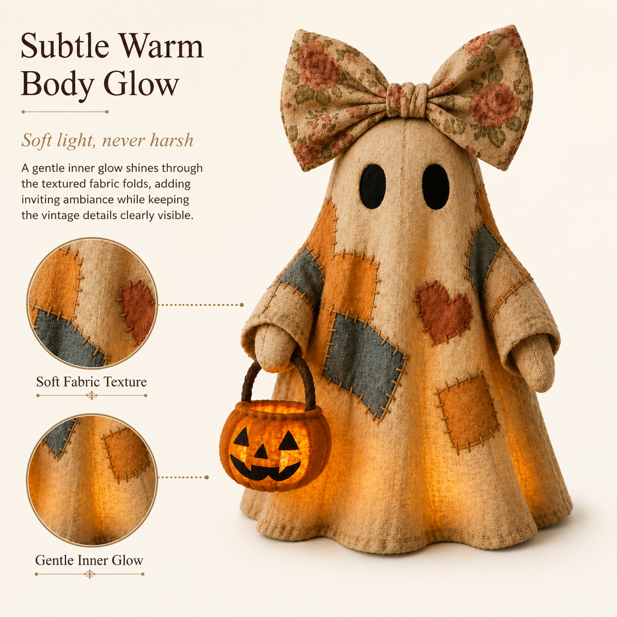 Lighted Vintage Patchwork Ghost – Cozy Glowing Halloween Decor with Pumpkin Lantern