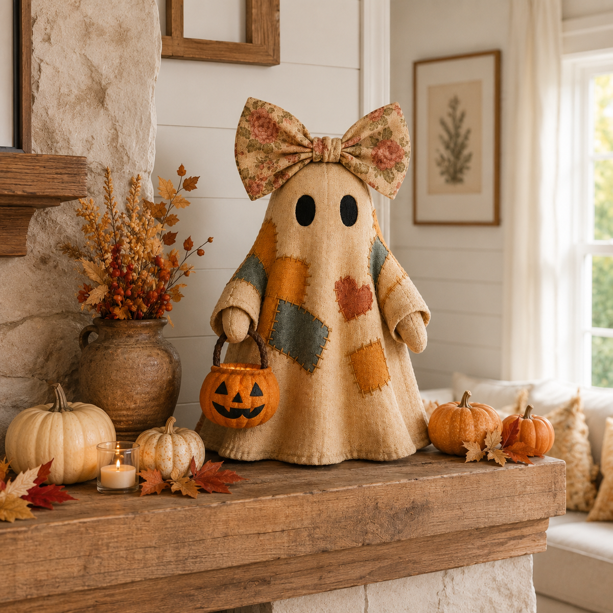 Lighted Vintage Patchwork Ghost – Cozy Glowing Halloween Decor with Pumpkin Lantern