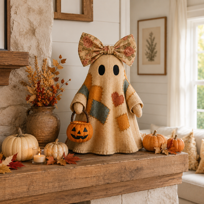 Lighted Vintage Patchwork Ghost – Cozy Glowing Halloween Decor with Pumpkin Lantern
