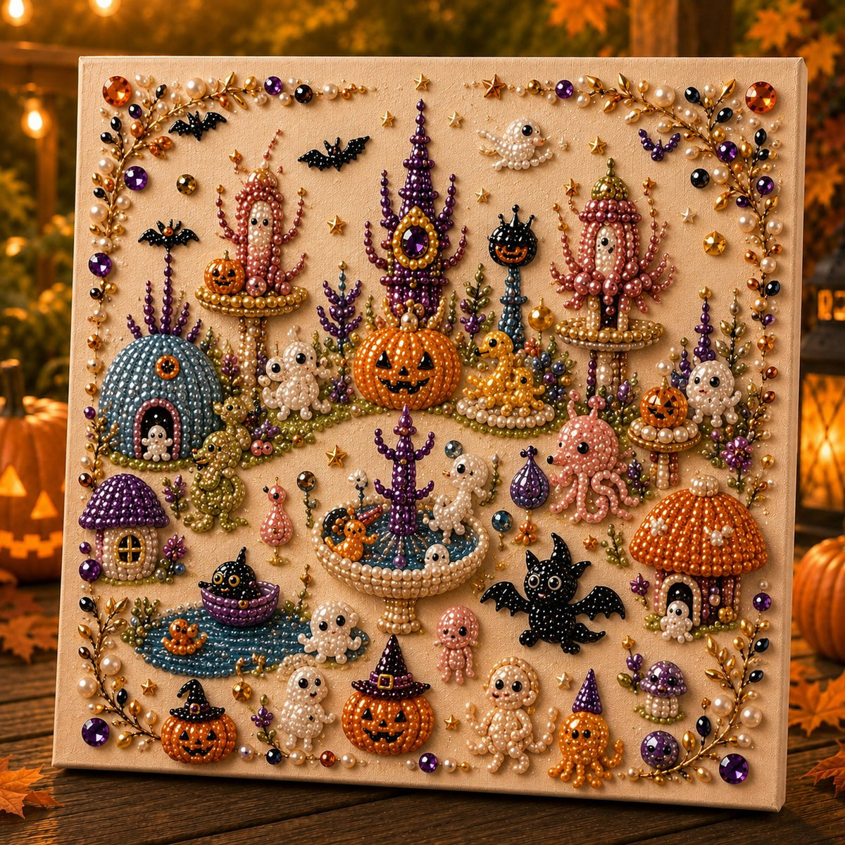🎃👻 Premium 3D Pearl Halloween Wall Art Kit | Luxury Flocked Canvas with Scratch-Resistant Non-Fading Pearl Beads DIY Spooky Decor – 📦✨
