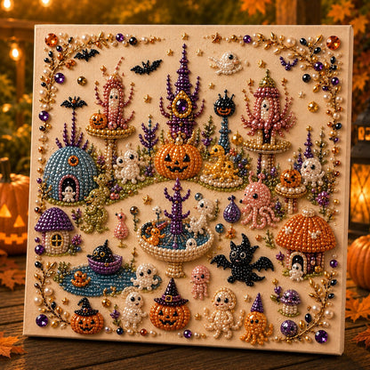 🎃👻 Premium 3D Pearl Halloween Wall Art Kit | Luxury Flocked Canvas with Scratch-Resistant Non-Fading Pearl Beads DIY Spooky Decor – 📦✨