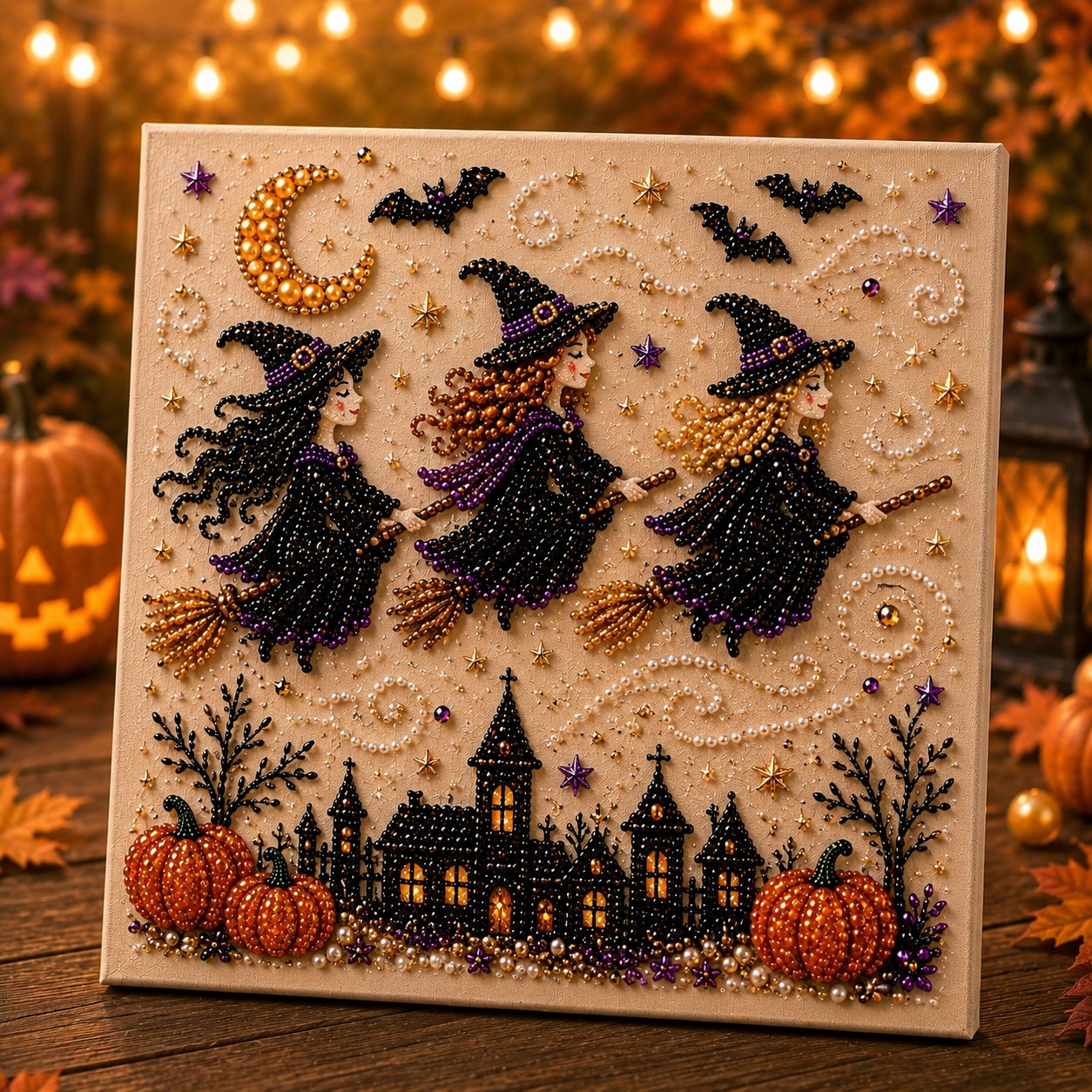 🎃👻 Premium 3D Pearl Halloween Wall Art Kit | Luxury Flocked Canvas with Scratch-Resistant Non-Fading Pearl Beads DIY Spooky Decor – 📦✨