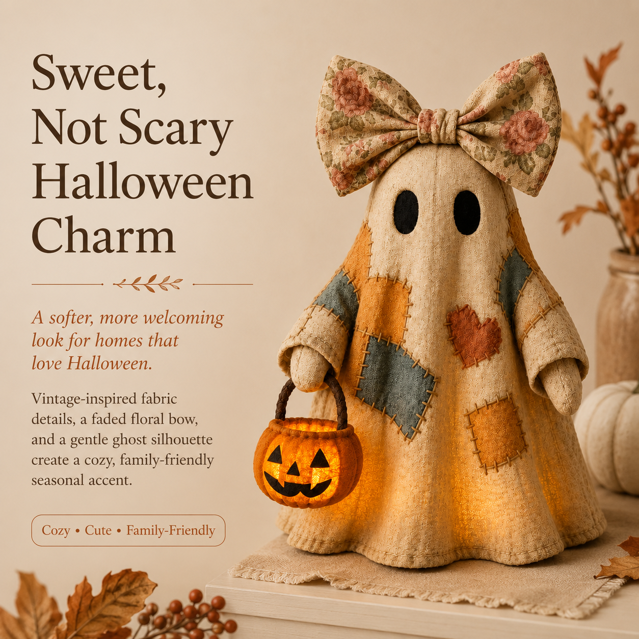 Lighted Vintage Patchwork Ghost – Cozy Glowing Halloween Decor with Pumpkin Lantern