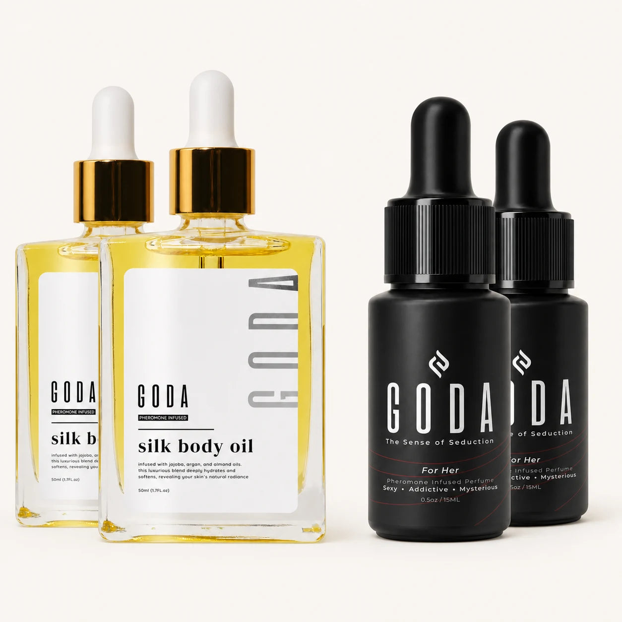 Two GODA Silk Body Oils and two free GODA For Her perfumes